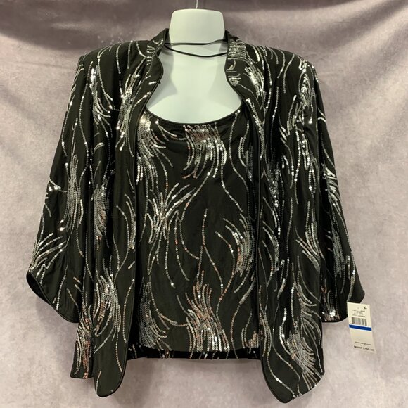 Glitter Knit Mandarin Neck Twinset with Scoop Neck Tank and Satin Piping Detail - Picture 3 of 13